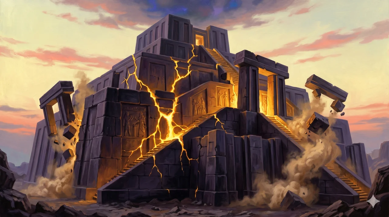 Crumbling stone temple with cracks of golden light piercing through, symbolizing the old control system breaking down from within