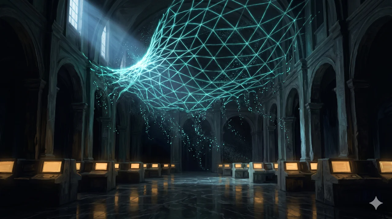 A glowing network of synthetic photons collapsing into digital dust above a financial trading floor