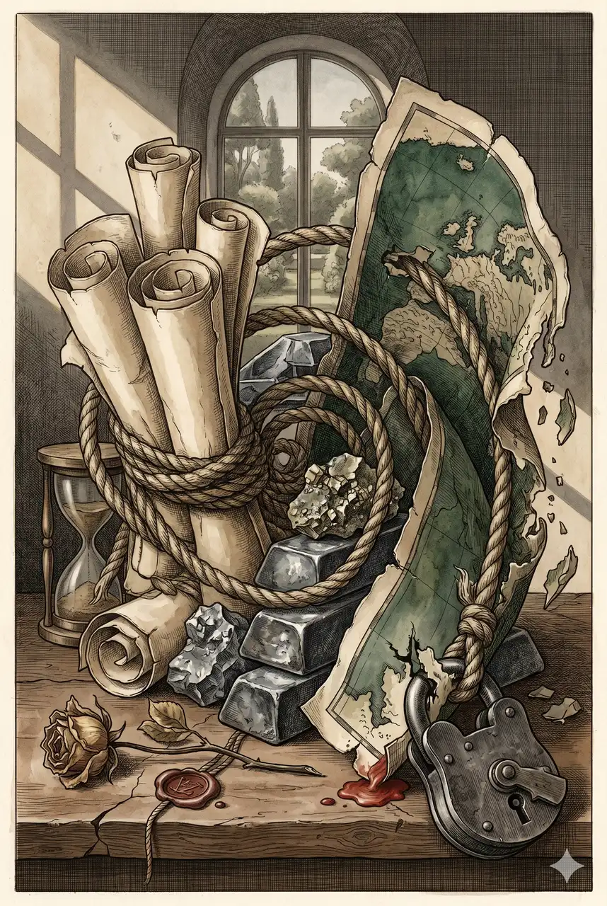 Conceptual illustration showing tariff documents tied to gold bars, mineral samples, and a map, representing resource surrender demands behind tariff negotiations
