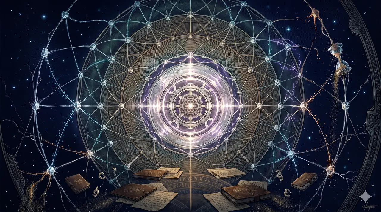 A universe-spanning lattice of light and dark nodes, strings of sophon particles radiating outward from a central daisy wheel across multiple densities