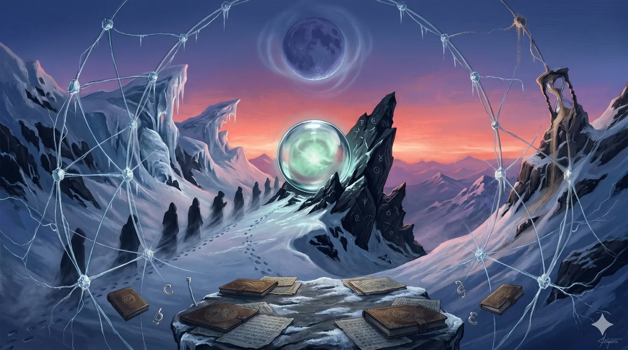 Bloodline representatives lining up on a snowy mountainside at dusk, each approaching a glowing orb-like sphere to place their hand on it