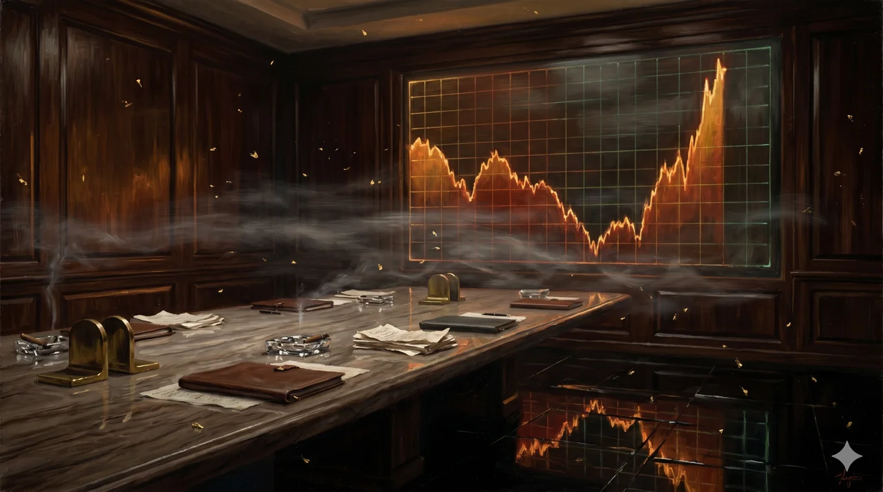 A financial chart with a sharp dip followed by a surge, shadowed figures in suits exchanging notes in the foreground