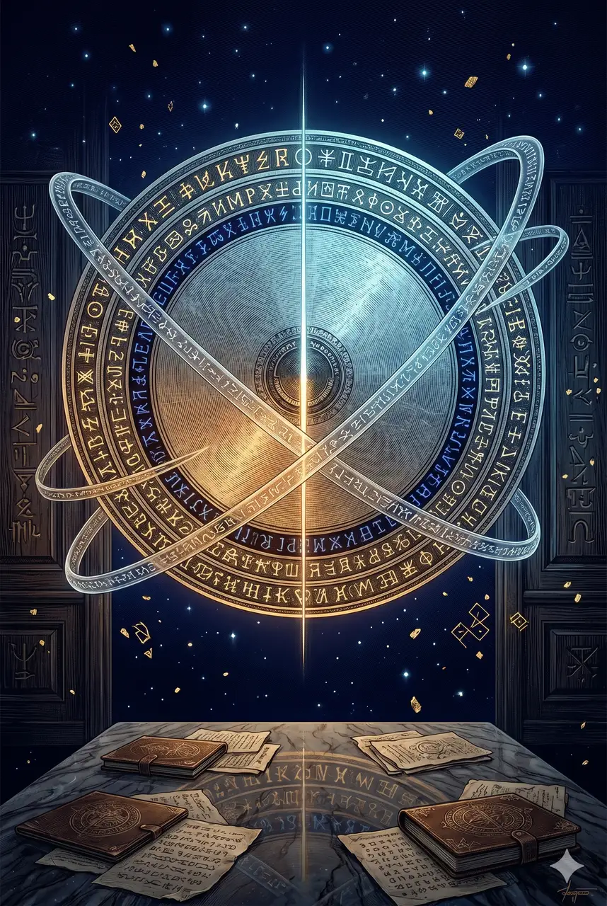 A gematria-like daisy wheel covered in light and dark symbols, surrounded by five concentric rings floating at different angles, forming a false point of creation