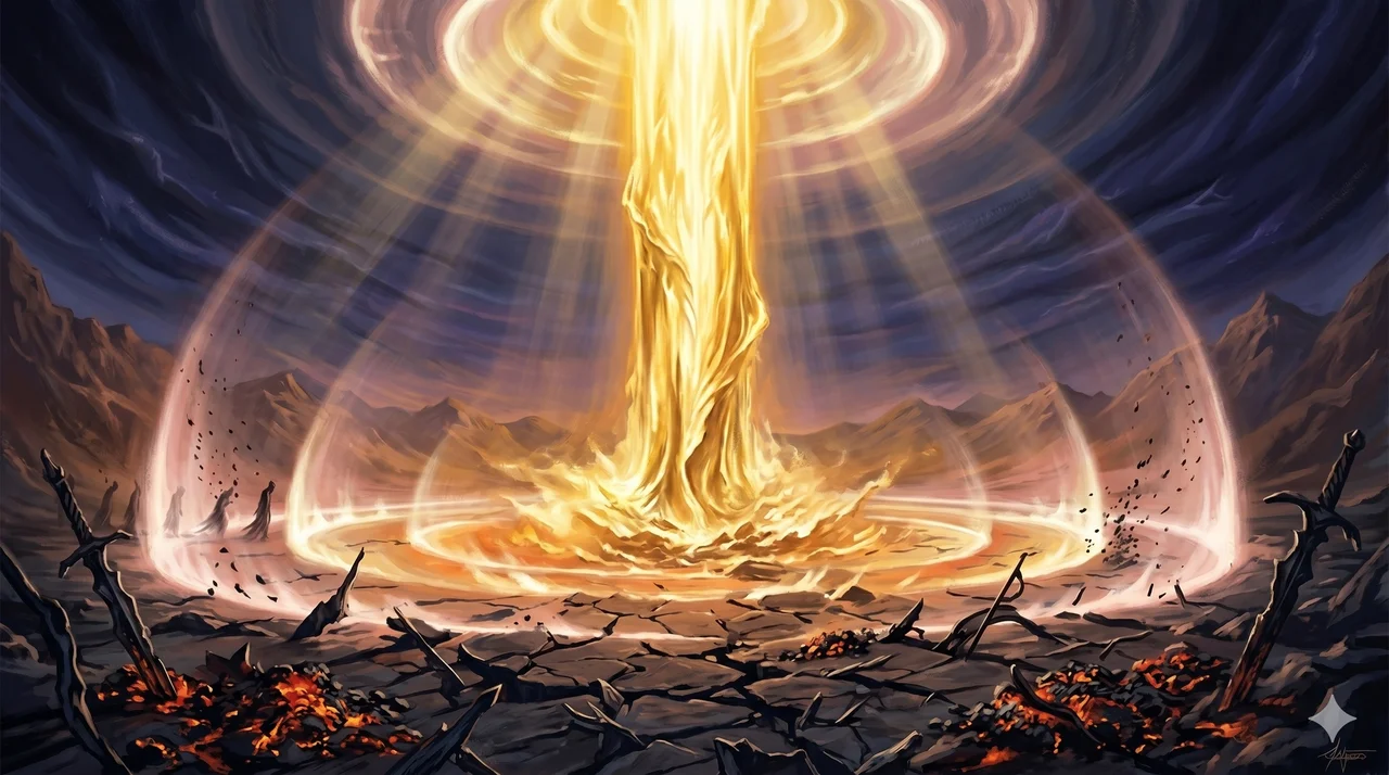 A vast outpouring of golden light from above overwhelming dark silhouettes on a battlefield, with a declaration radiating outward like a resonant wave