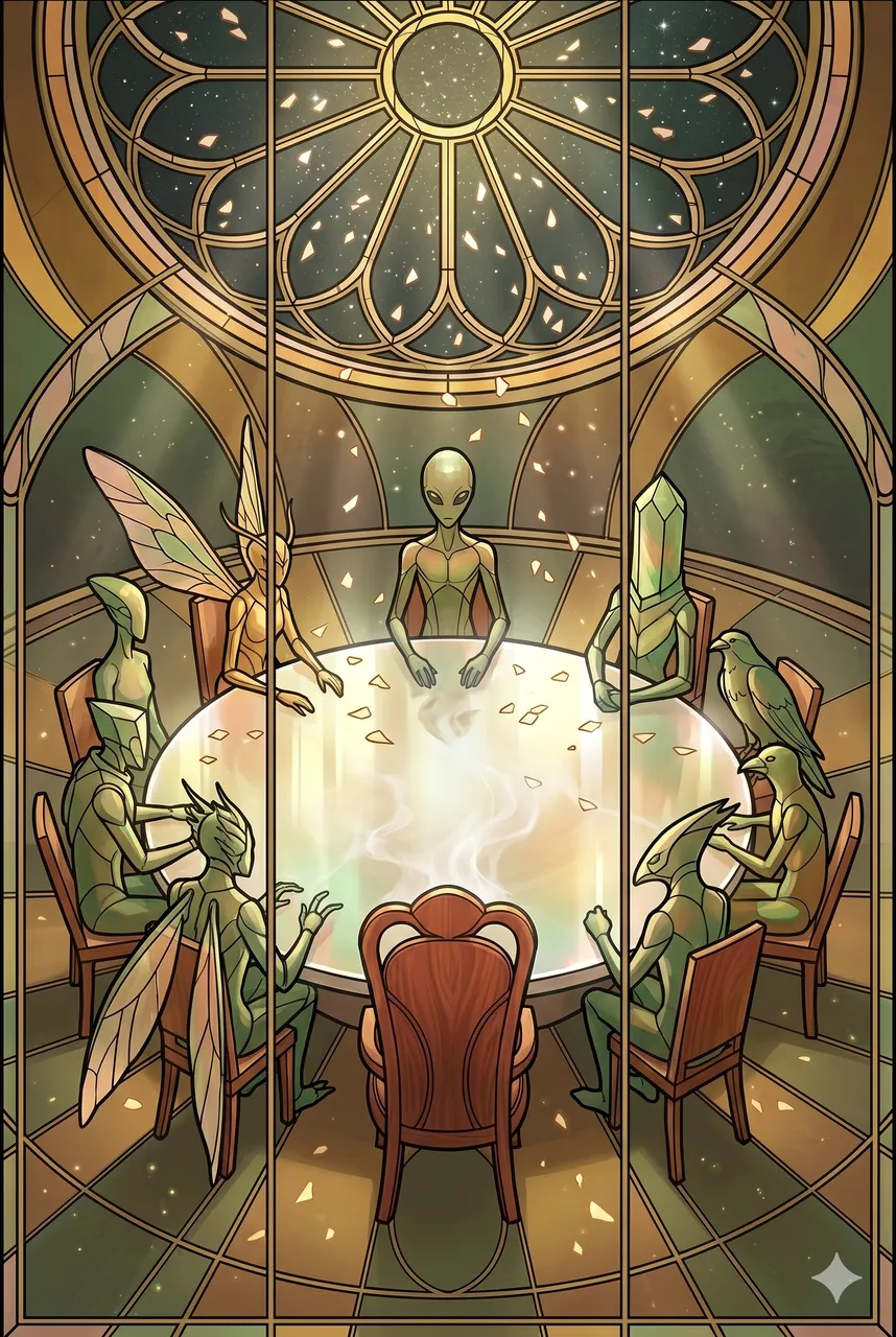 A solitary human ambassador at a luminous council table, surrounded by multi-species silhouettes of varied forms