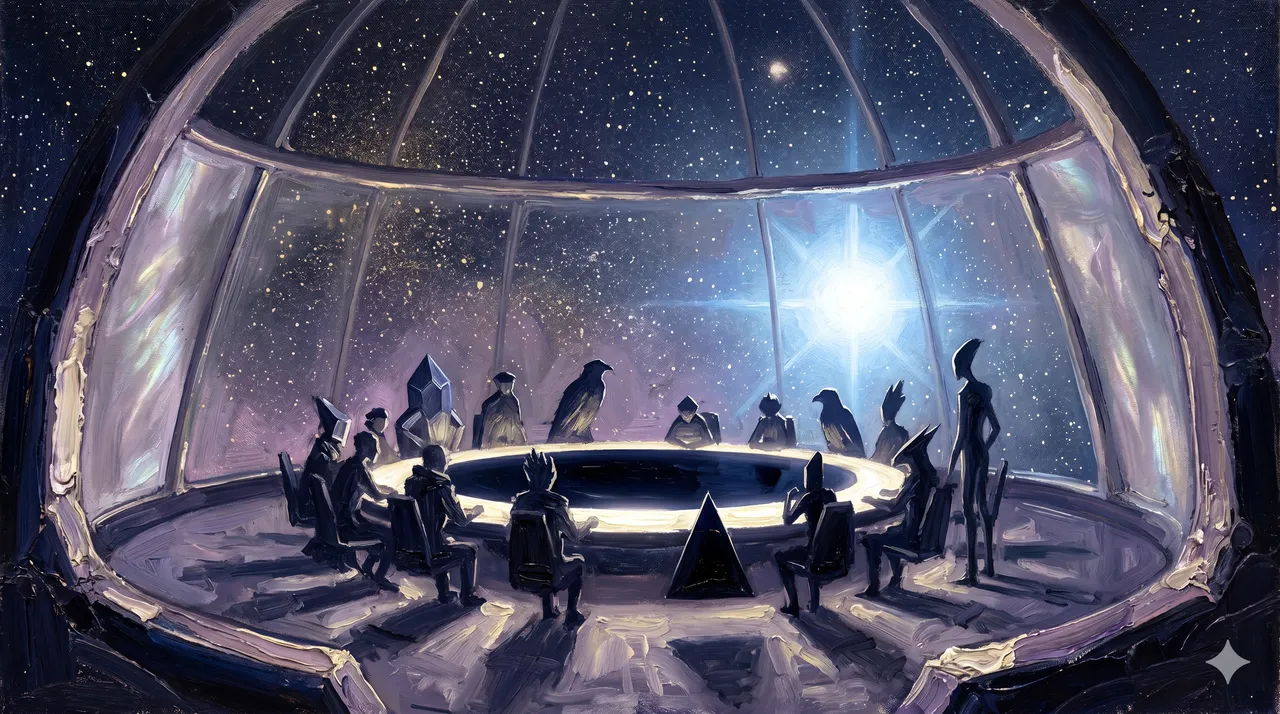 A shielded council chamber of light set near the Sirius star system, with representatives of many species assembled around a luminous circular table