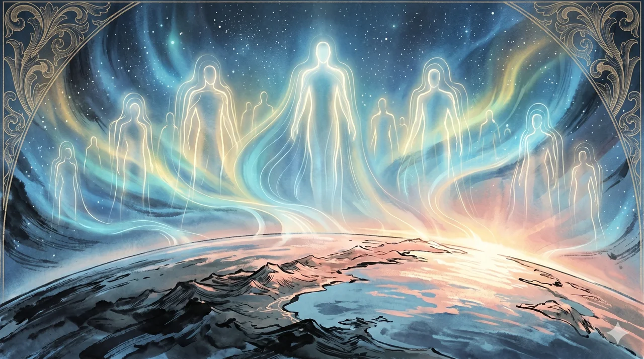 A radiant dawn rising over Earth, vast luminous forms taking position in the sky as protective guardians around the planet