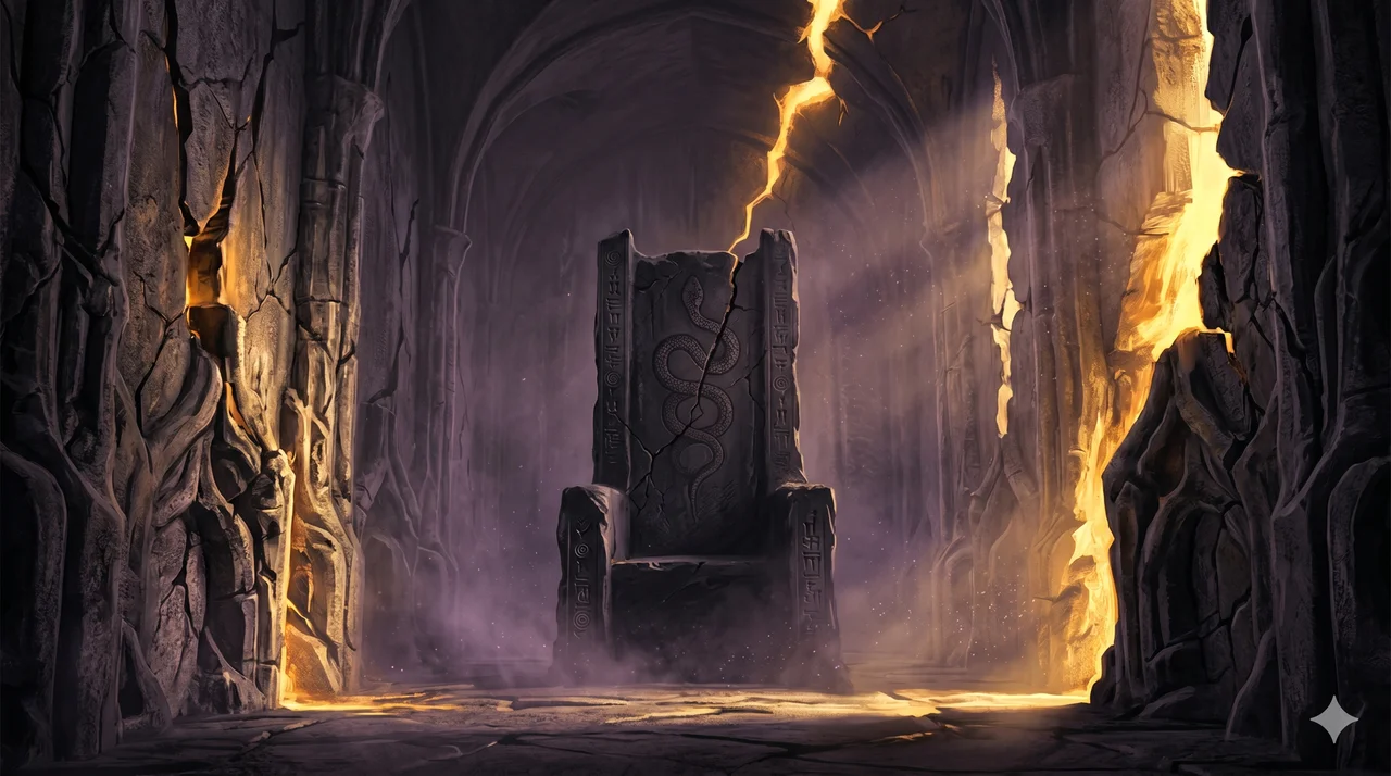 A dark throne standing empty in a vast, dimly lit chamber, with cracks of golden light breaking through the walls