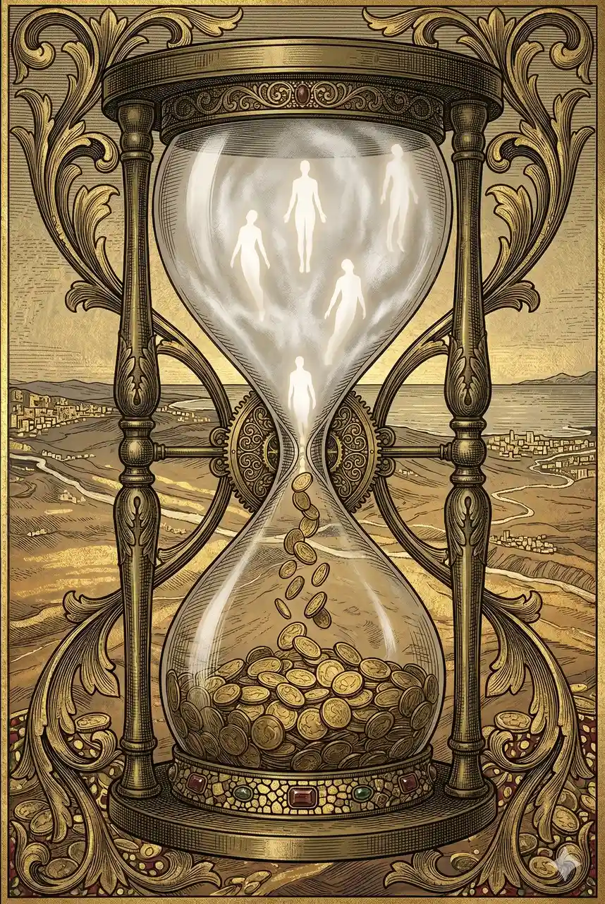 An hourglass whose upper chamber holds glowing human silhouettes and whose lower chamber collects gold coins, life becoming currency as it falls