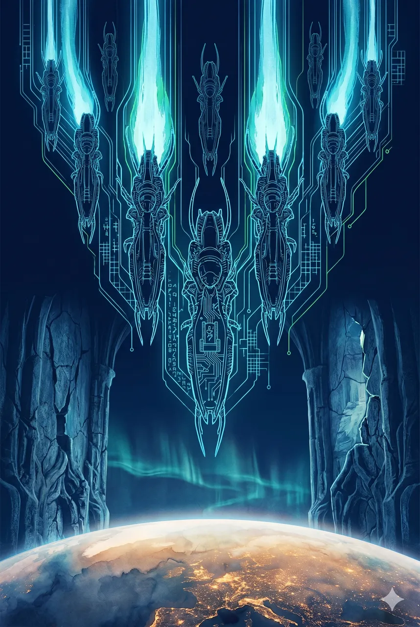 Stylized insectoid silhouettes arriving over a luminous Earth at night, their forms tracing streams of security protocol symbols