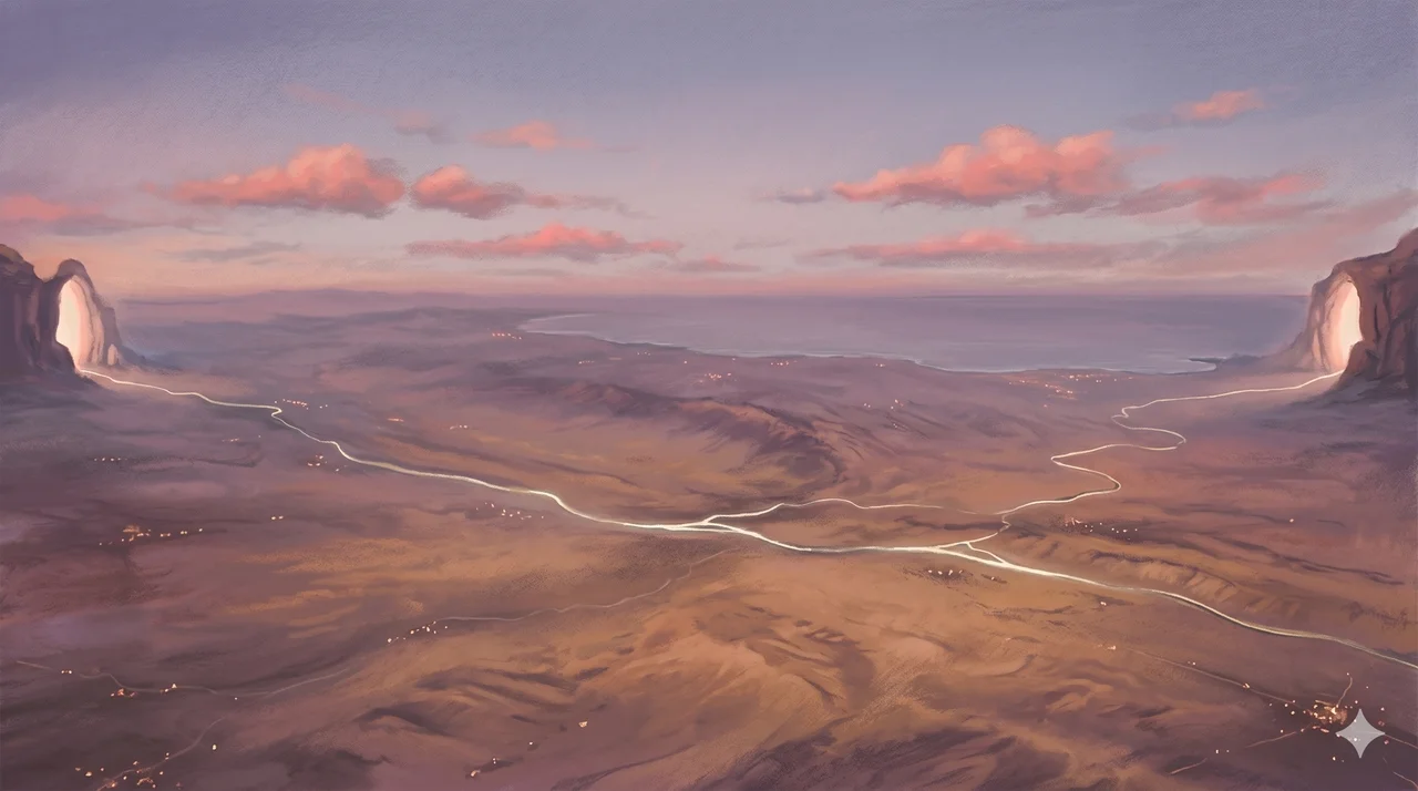 An aerial view of the San Andreas Fault line at dusk, the ground intact and quiet, while faint light traces along the fault like a healing seam