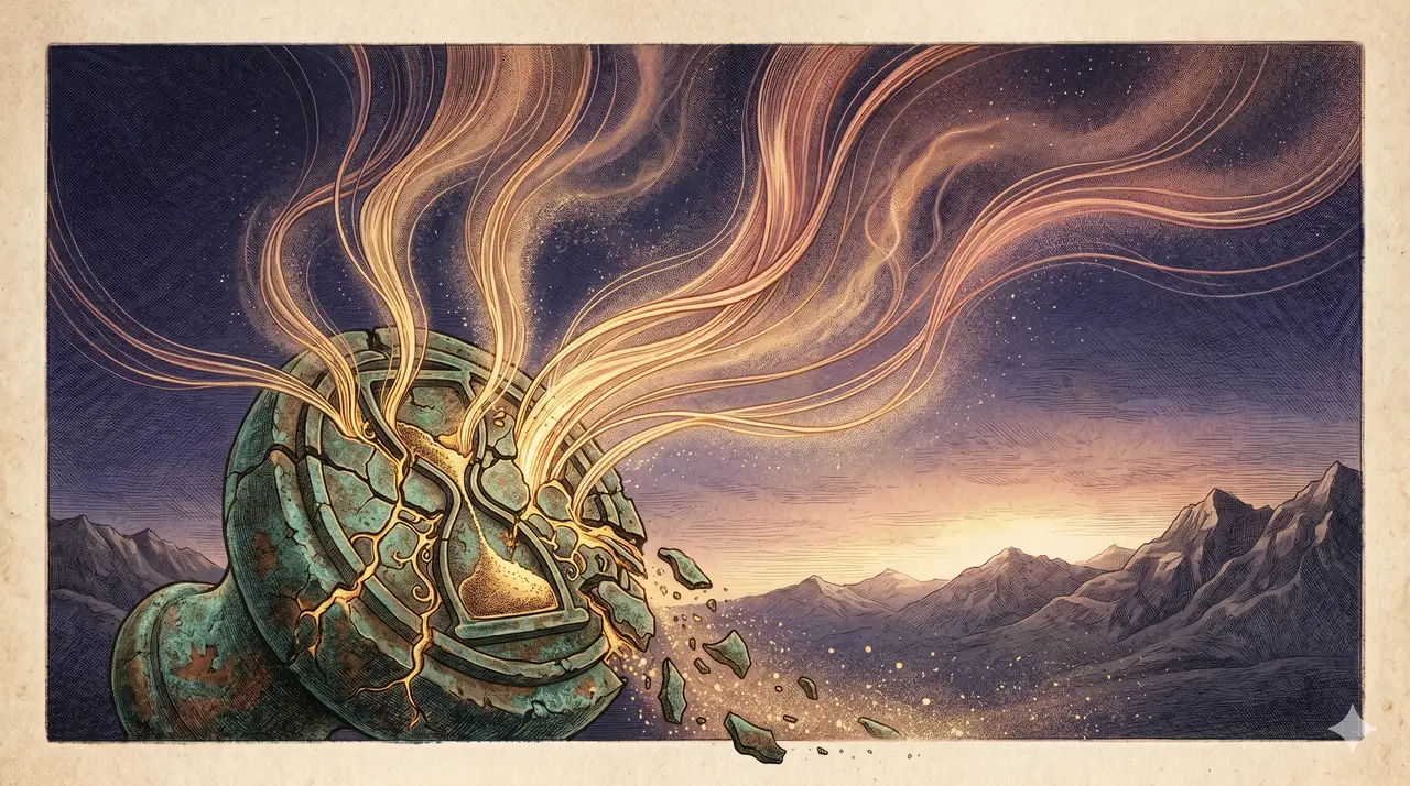 A weathered bronze seal splintering at dawn, threads of golden light escaping upward from the crack