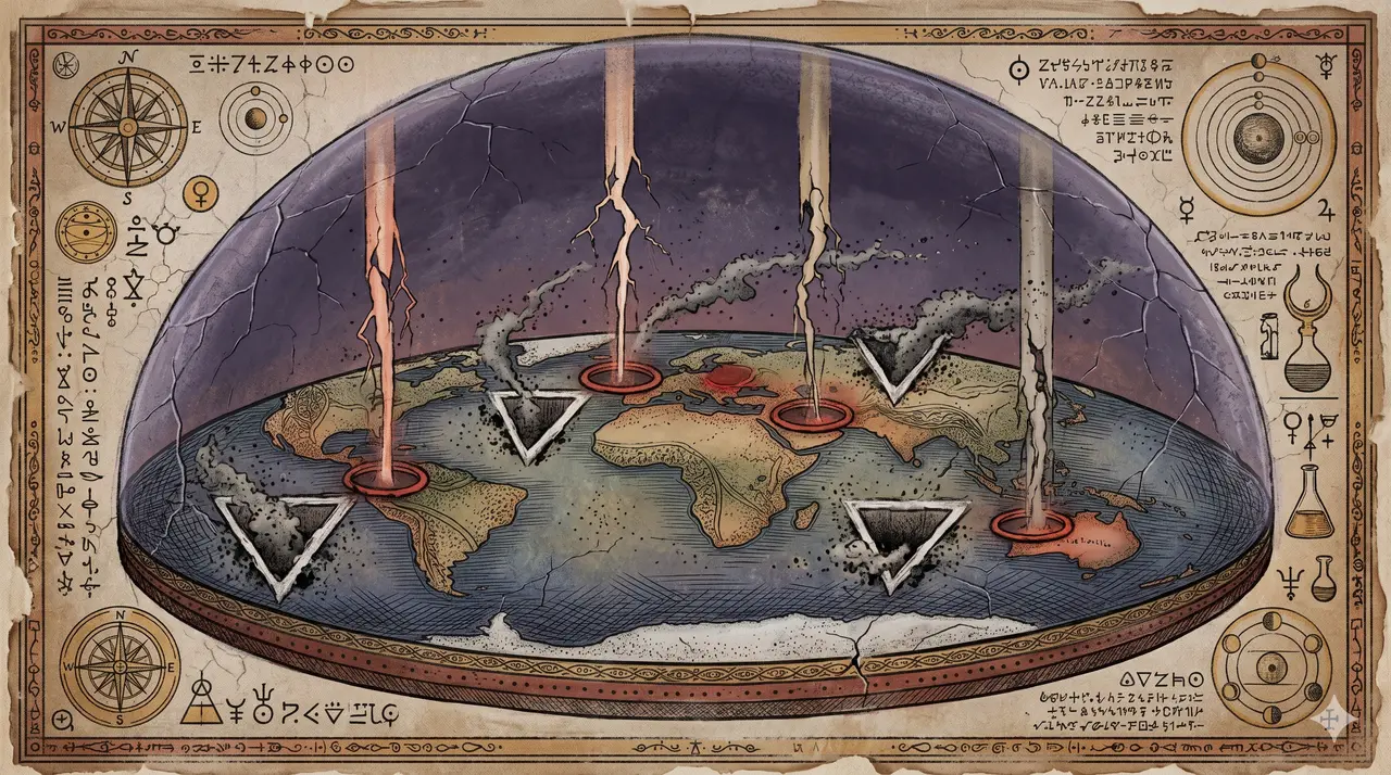 A dark map of Earth with four hollow ritual circles glowing faintly then extinguishing, beams of red light failing to pierce upward