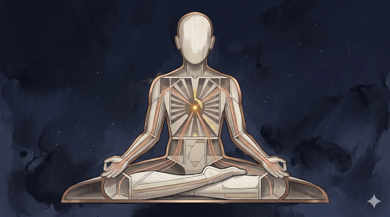 A meditating figure seen in cross section with a single golden point glowing at the heart's center, rays radiating inward rather than outward