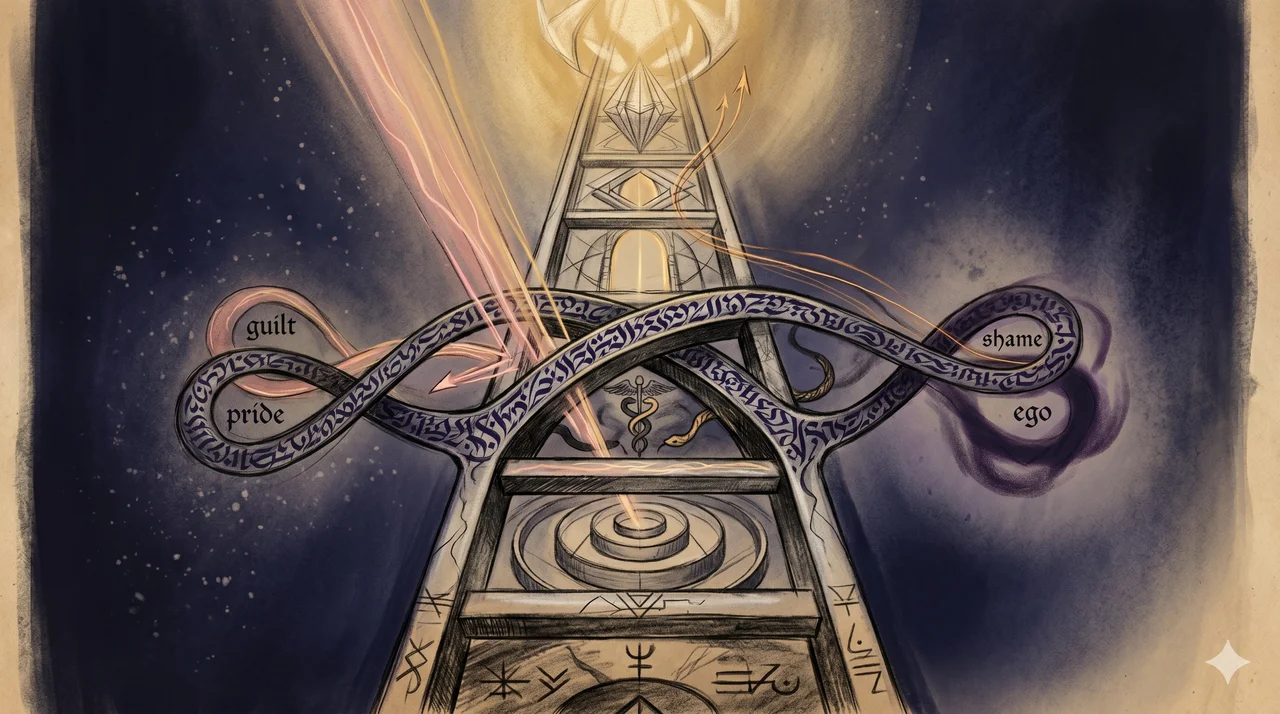 A five-tier luminous ladder with the middle rung flipped upside down, love-frequency streams diverted through dark serpentine channels of guilt and shame