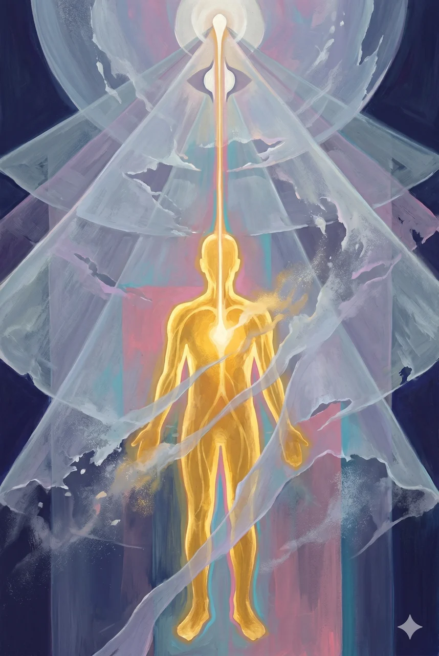 A luminous golden human silhouette glowing from within, a single thread of light extending upward to a distant star through layers of translucent veils