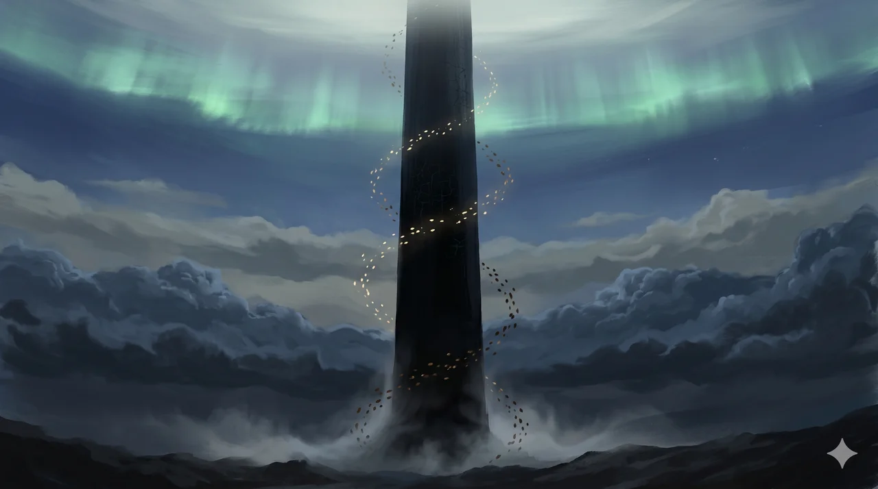 A dark vertical tower piercing through layered clouds, with faint upward and downward streams of small lights suggesting souls cycling endlessly