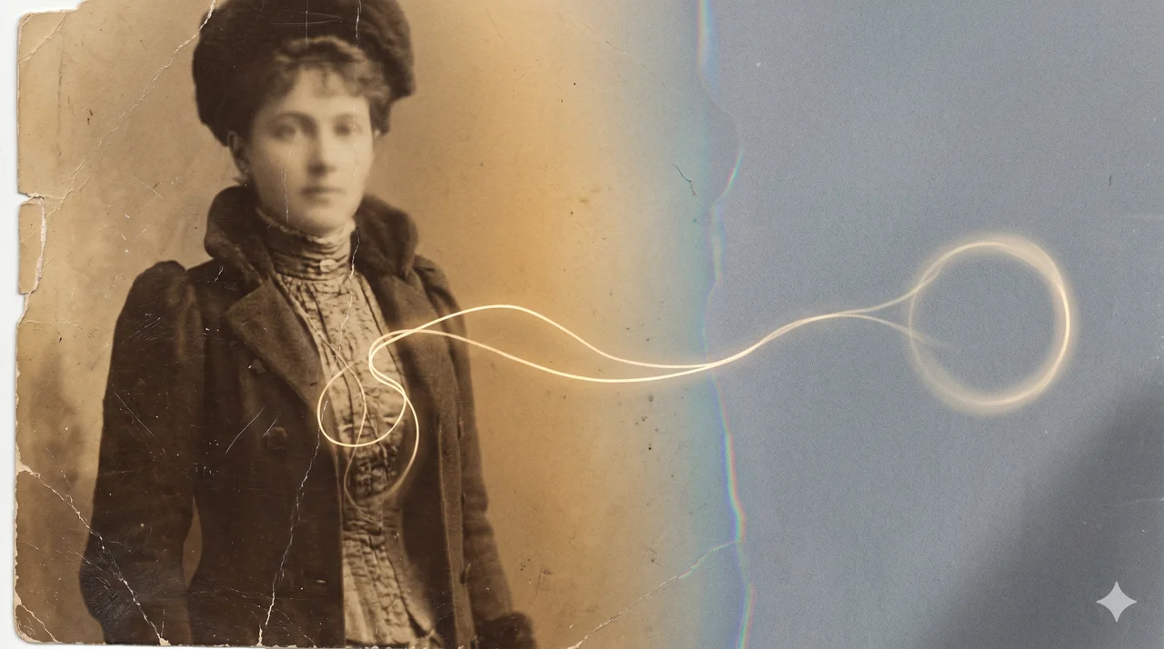 A faded sepia portrait of a young Romanov-era woman overlaid with a faint thread of light reaching toward a modern figure