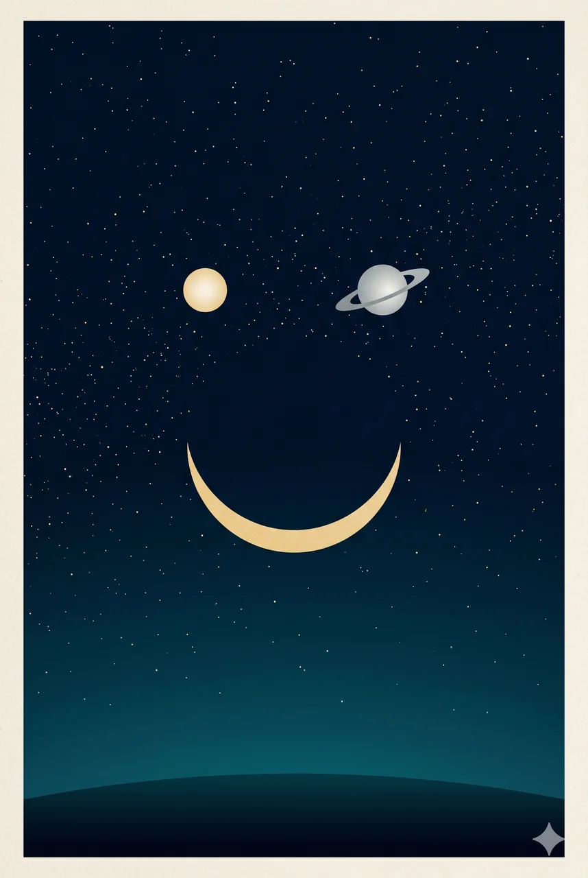 Night sky showing Venus and Saturn as two bright points of light with a crescent Moon curving beneath, forming a smiley-face pattern