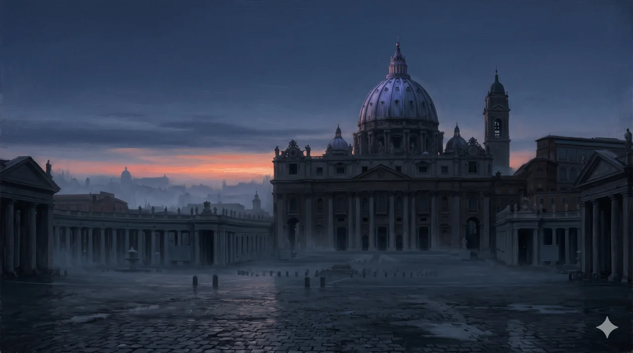 Dawn over St Peter's Basilica with a muted sky, symbolizing a quiet announcement before the world has woken