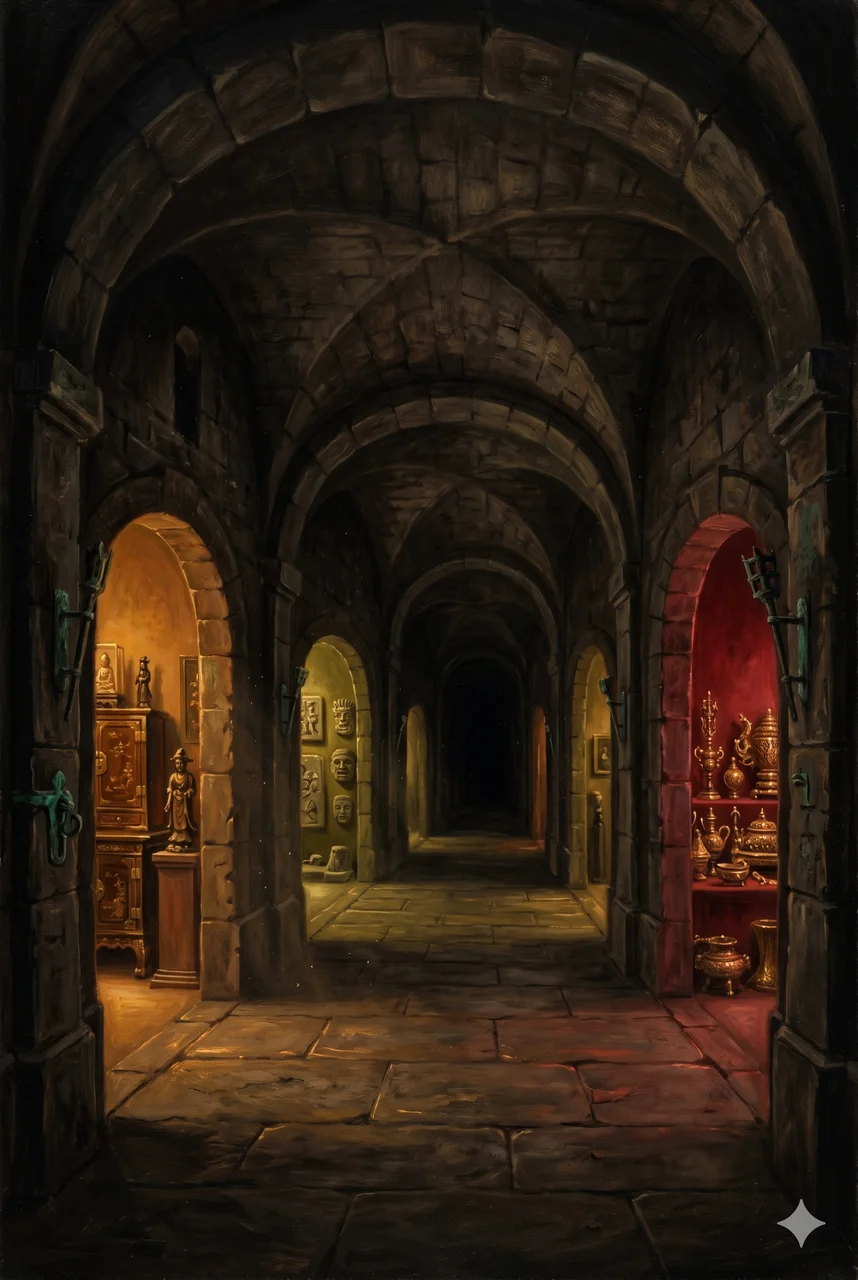 A long corridor of vault rooms beneath a stone floor, each holding looted artifacts from a different country