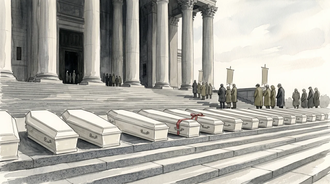 Rows of small white coffins lined up on the steps of an austere government building, with protesters in the background