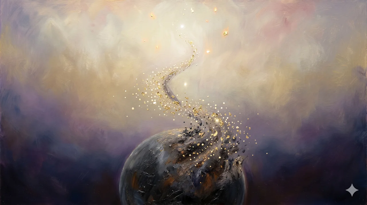 A massive dark sphere dissolving into countless particles of light, being drawn upward into a radiant point of origin