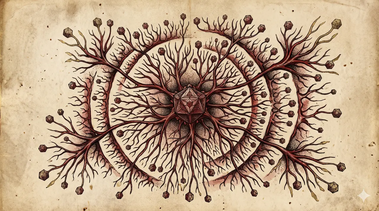 Stylized diagram of a branching viral tree with multiple strains radiating outward, rendered in deep reds and blacks