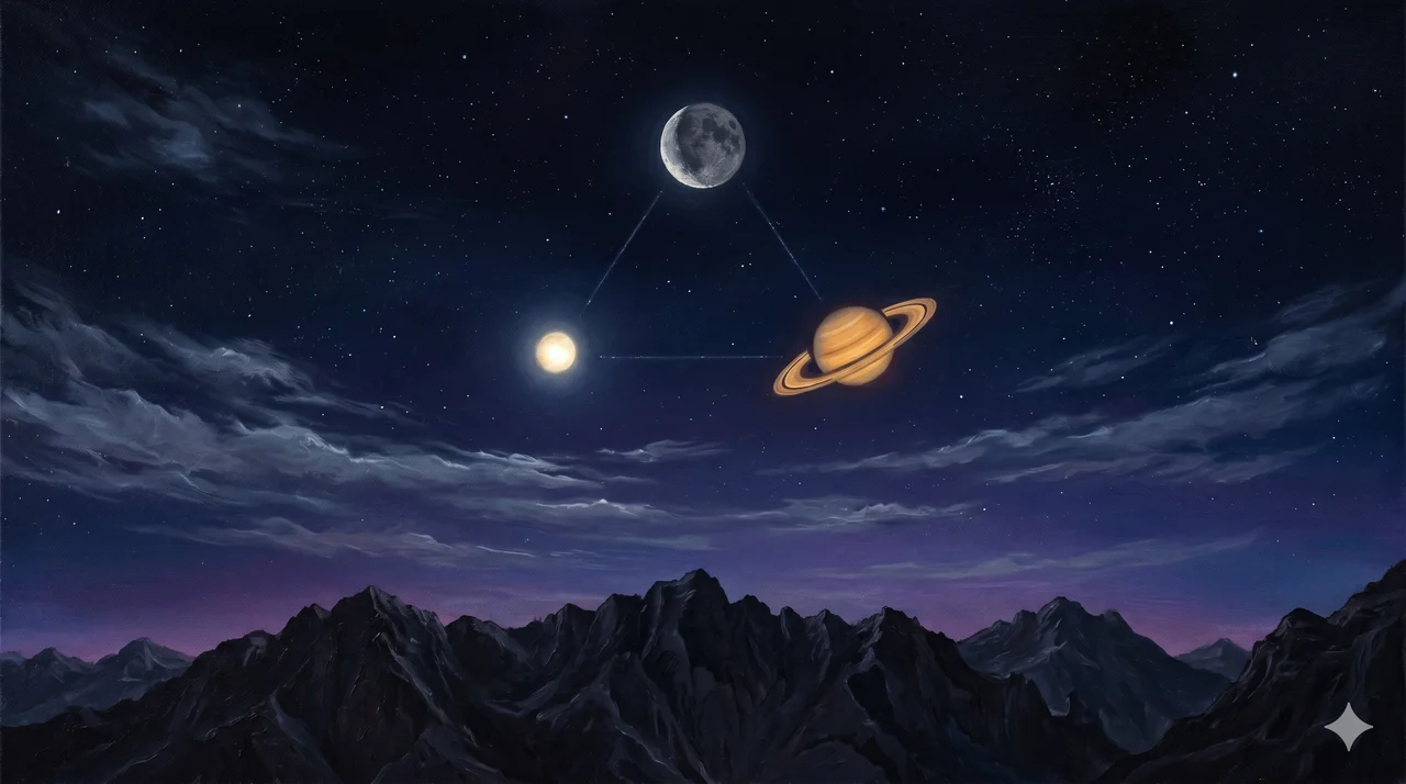 Three celestial bodies aligned in a dark sky, forming a triangular pattern above a distant horizon