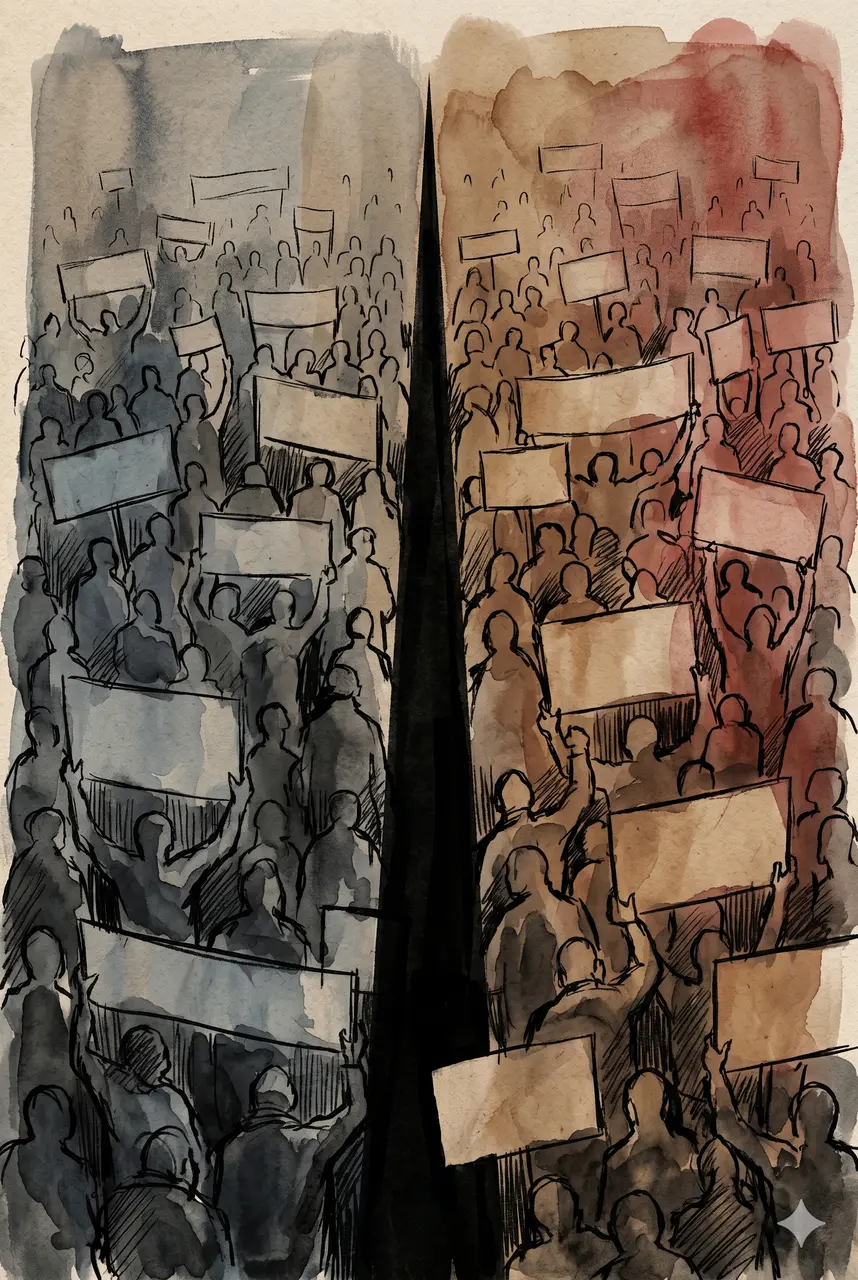 A crowd of diverse protesters holding banners, seen from above through the silhouette of a large wedge dividing the group into two halves