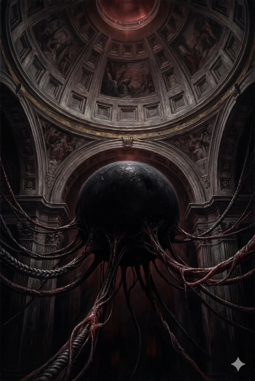 A vast black sphere pulsing beneath a stone dome, with cord-like structures extending outward into darkness