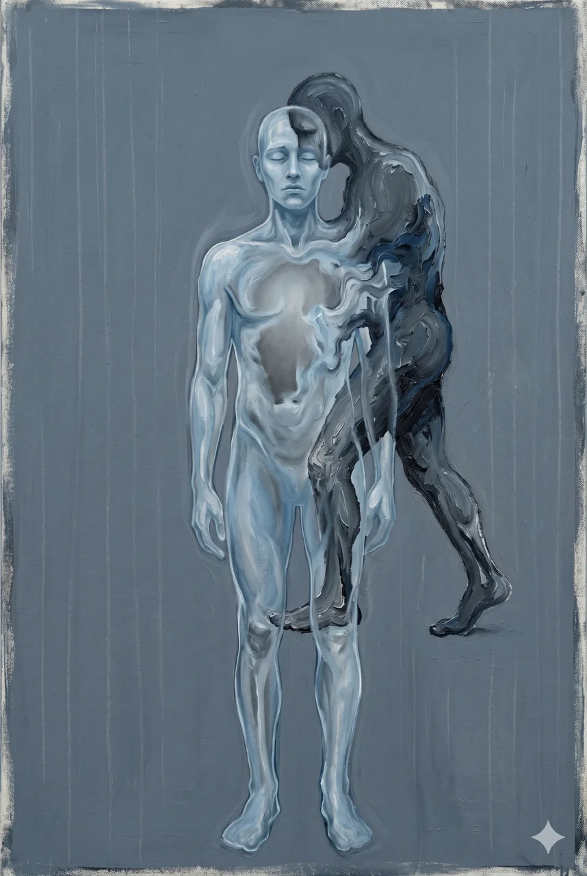 A translucent human silhouette with a second, larger figure stepping in and out through the back of the skull, rendered in muted blues