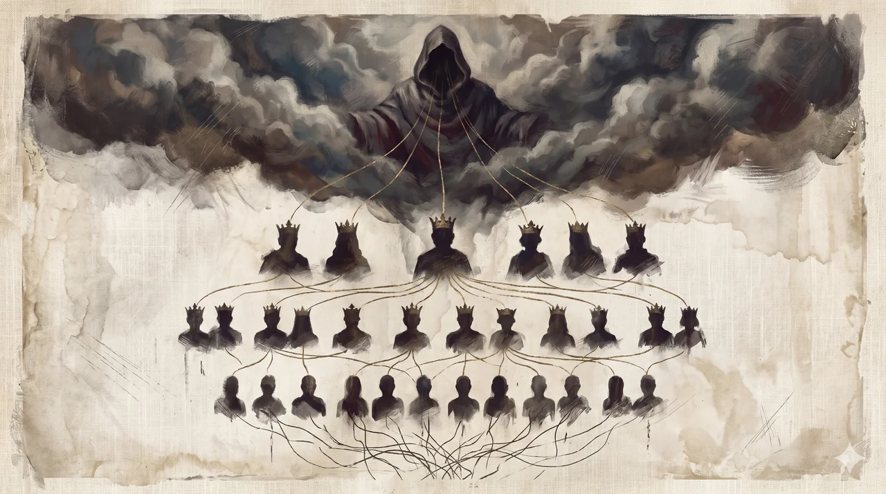 A cascade of crowned silhouettes descending from a single cloud-shrouded figure at the top, threads of gold connecting each tier