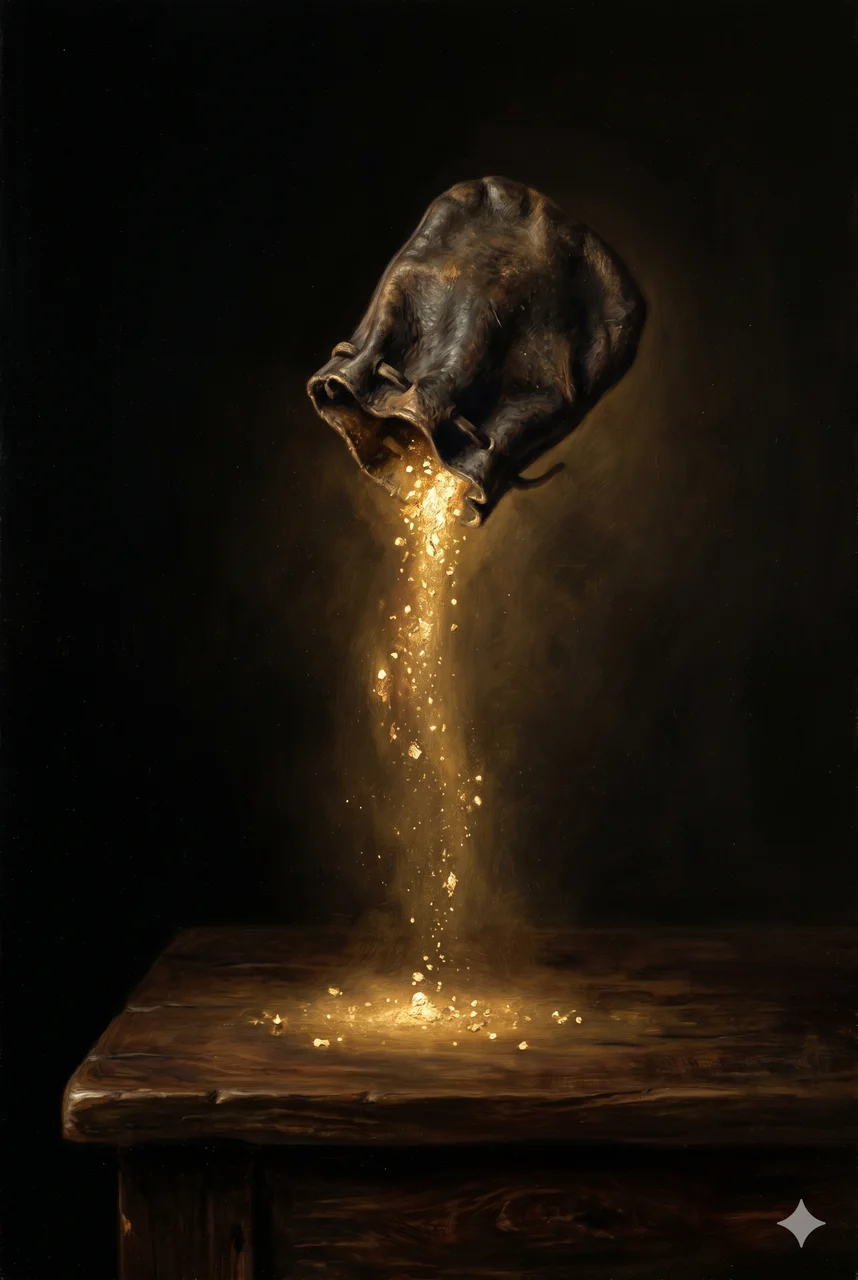 A small pouch pouring luminous gold particles that shed visible light, suspended mid-air above a dark surface