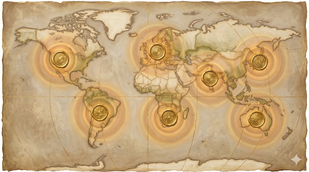 Nine luminous golden discs set into a world map at specific geographic points, each radiating soft light across the continents