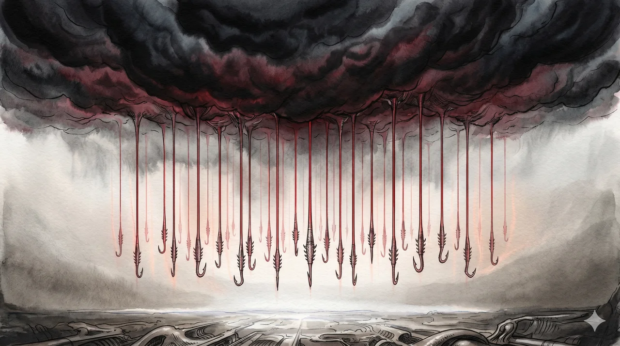 Thin red filaments descending from a dark cloud toward silhouettes of people below, each filament ending in a mosquito-like hook