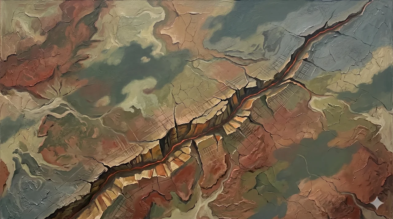 An aerial view of a vast geological scar tearing across a continent, faint traces of ancient battle lines still visible in the rock