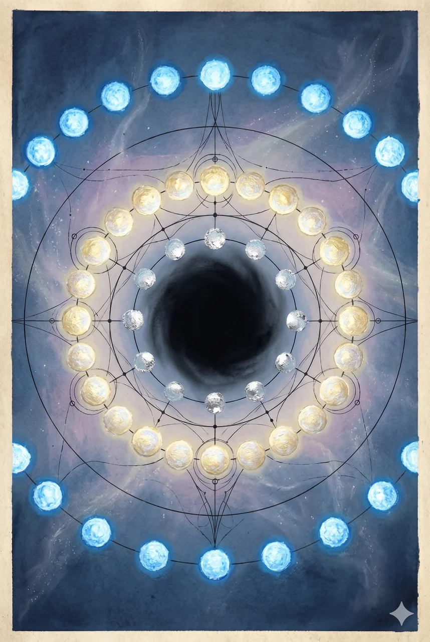 Rings of cold blue and pale gold suns nested within one another, each orbit encasing the next, with a soft empty center where a true source would be