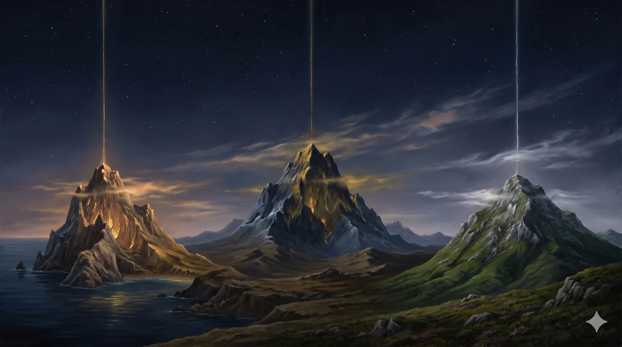 Three peaks glowing faintly from within, one a warm gold, one a cold dark gold, one a pale silver neutral, each tethered by fine light to distant unseen stars