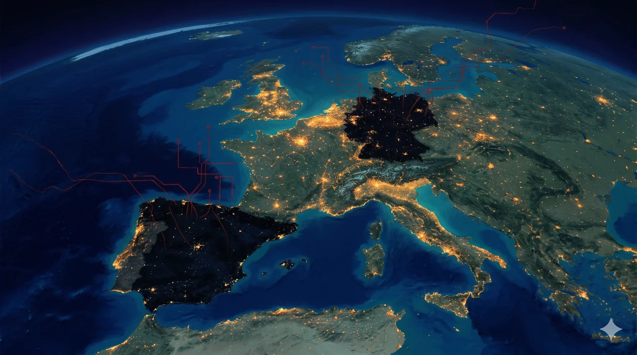 A continental map of Western Europe going dark sector by sector, the Iberian peninsula already black with a faint glow of confused technical diagrams above it