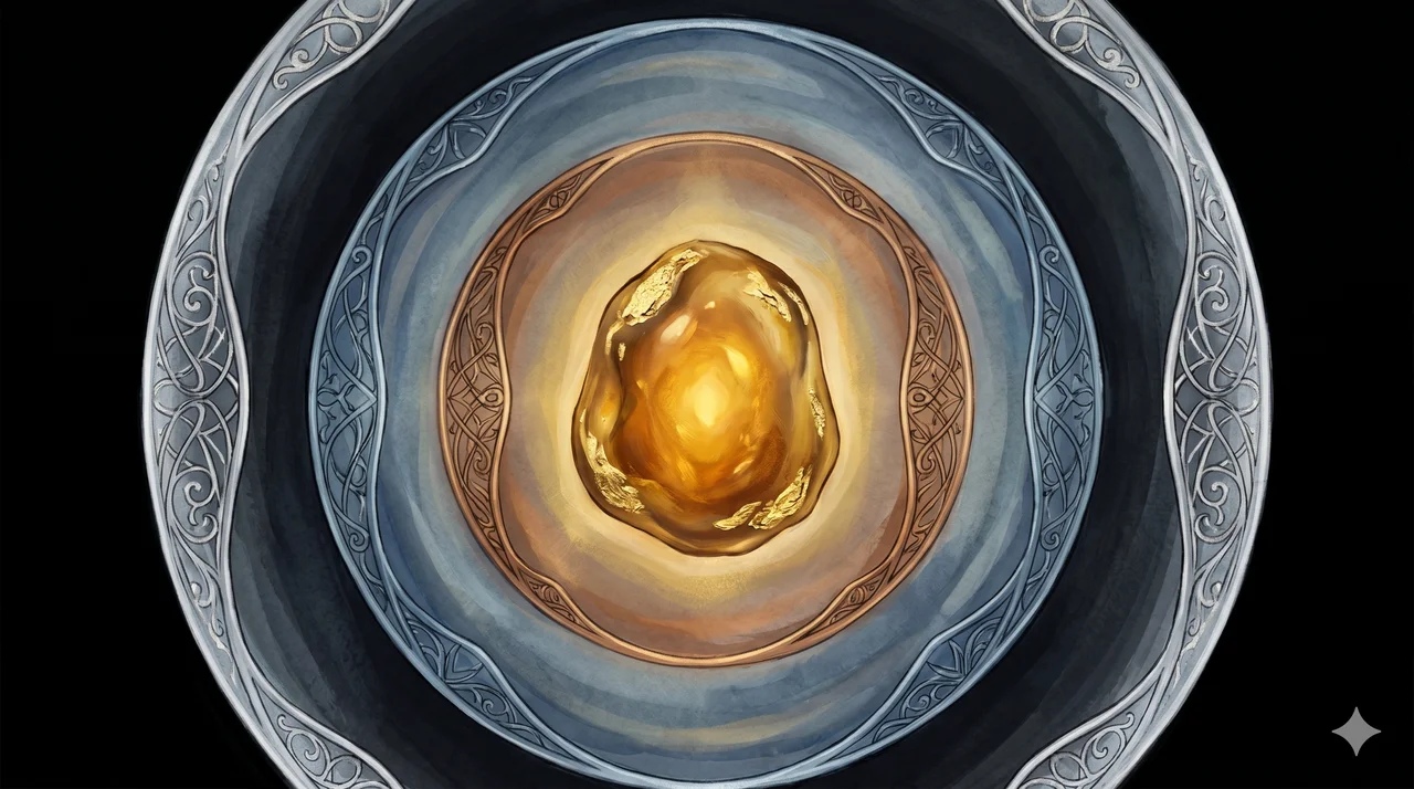 Three concentric translucent shells forming around a golden stone at the center, each shell a different colder metallic hue, the core still gold inside
