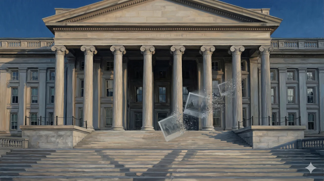 Silhouetted officials leaving a neoclassical Treasury building at dusk, a briefcase in hand and faint traces of scrubbed photographs in the air