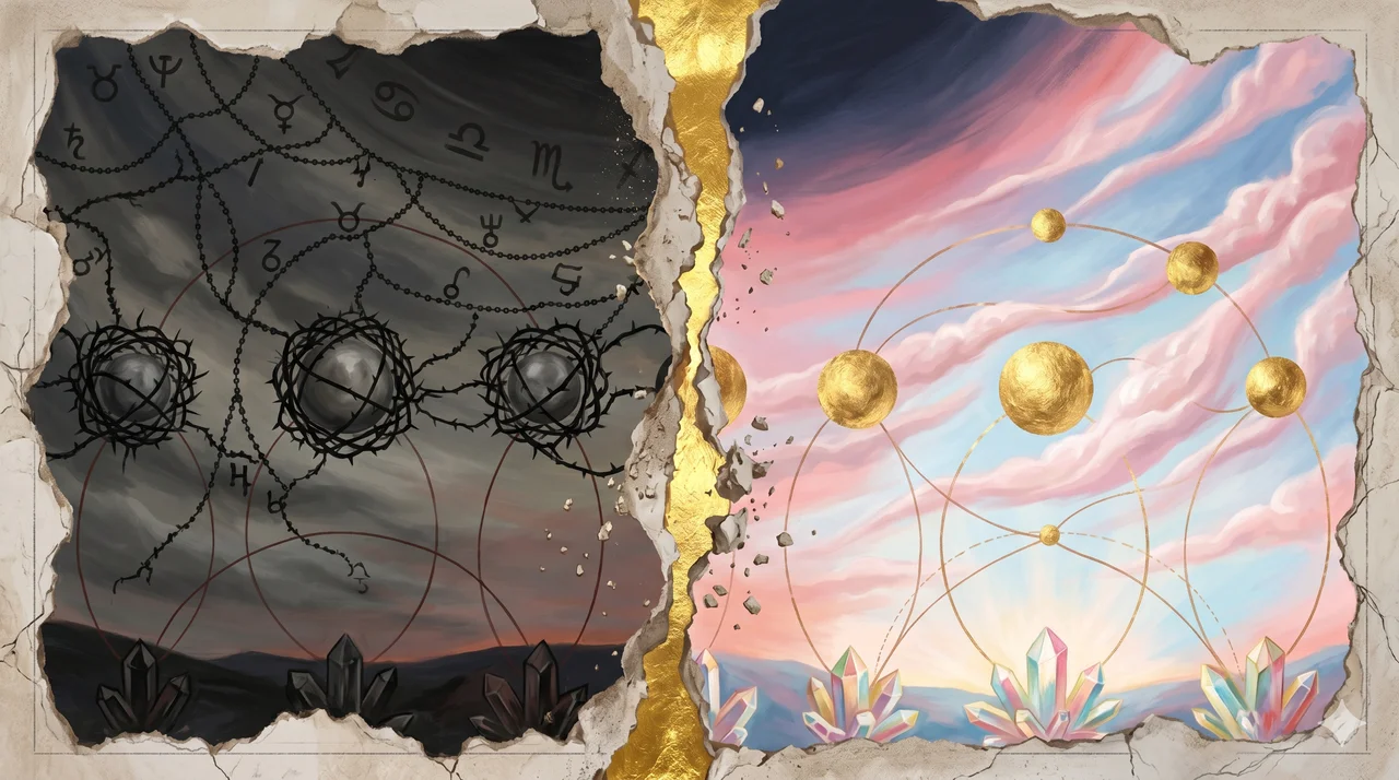 A dual sky diagram - one side heavy with inverted symbols in grays, the other side bright and clear with golden planets returning to their natural positions