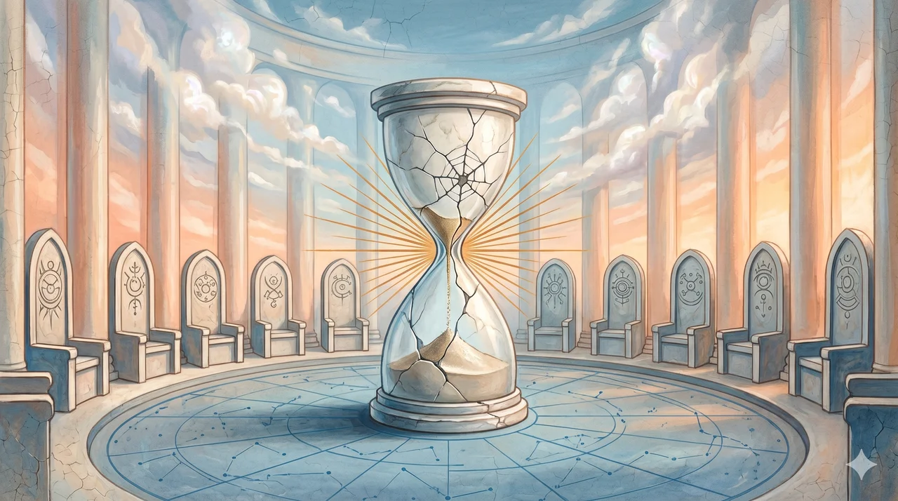A luminous circular council chamber dissolving into dawn light, with a cracked hourglass at its center as its final grain falls