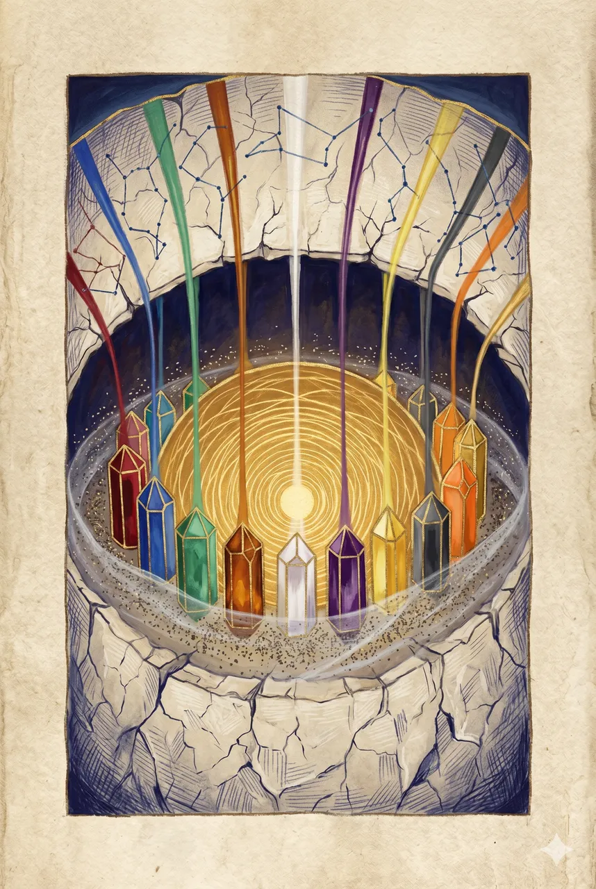 Thirteen luminous crystals arranged in a crown formation around a glowing molten core, rendered in stained-glass colors