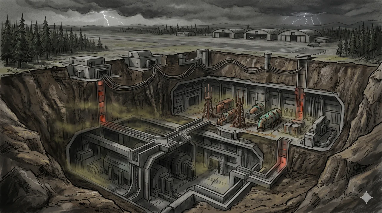 A cluster of underground facilities beneath a dark southern US landscape, with dim red warning lights pulsing through concrete vents
