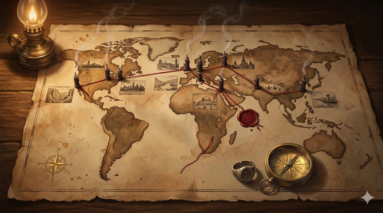 A dark world map threaded with a red line that loops through eleven cities, each marked by a candle that has failed to light