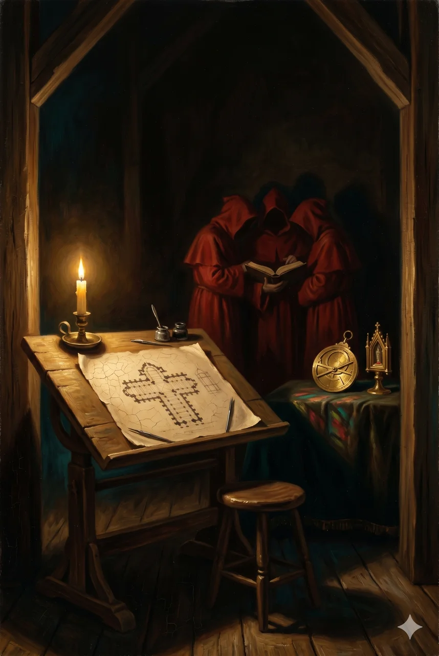 Silhouette of a Renaissance-era figure sketching architectural plans of a grand cathedral, with shadowy cardinals conspiring behind