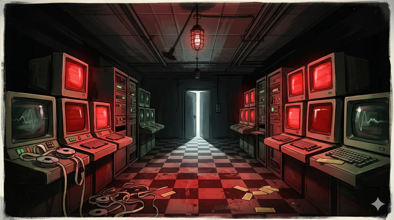 Rows of terminal screens showing 'ACCESS DENIED' in red type, with obsolete punch-card style access codes scattered across a dark operations room