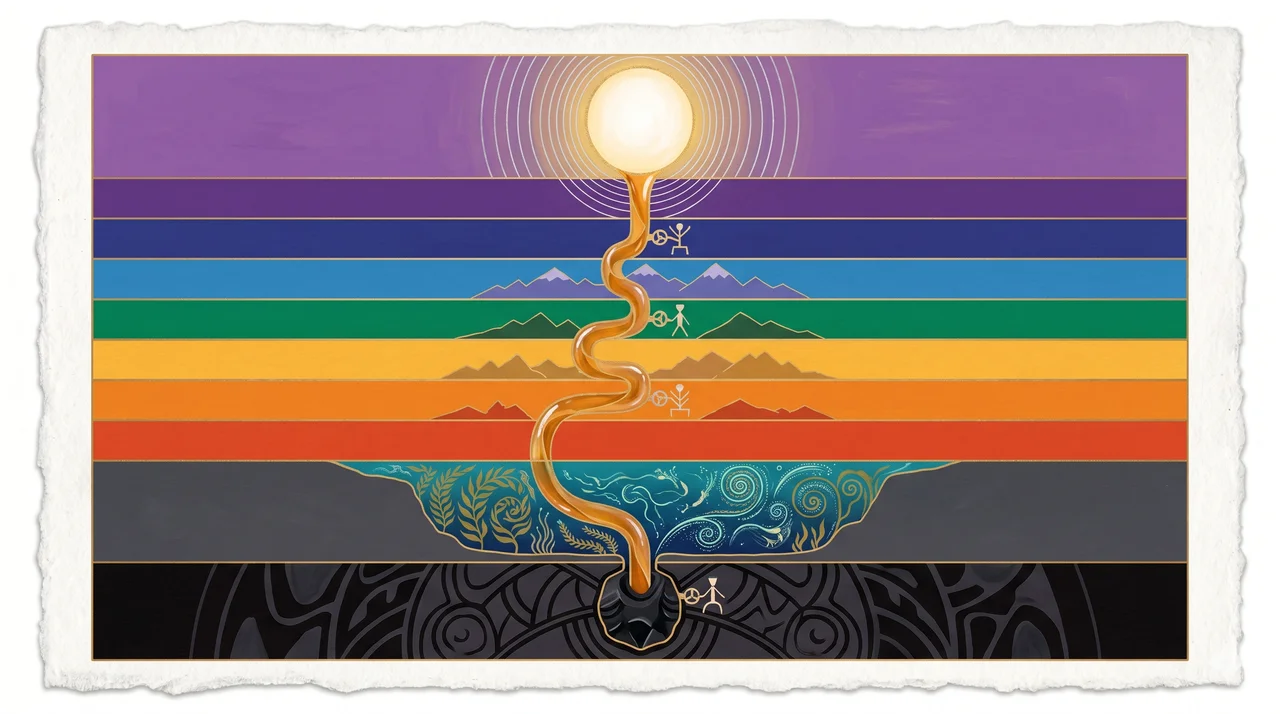 An energy pipeline laid through multi-layered cosmic strata, stretching from a radiant source down through mountains and oceans to an Earth anchor point, glowing gold